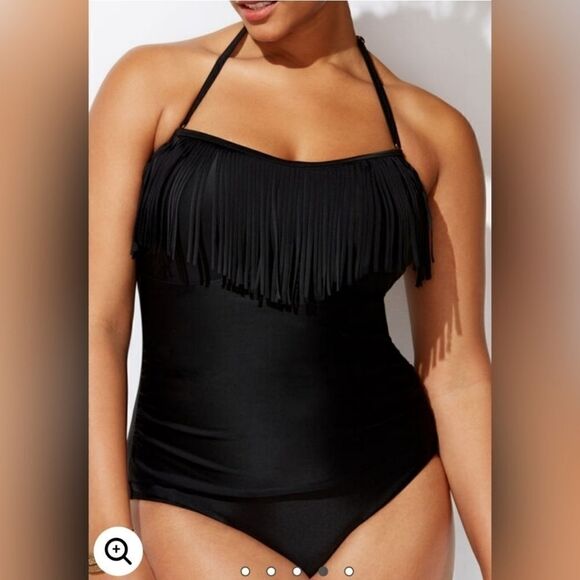 Swimsuits For All Black Fringe Bandeau One Piece Swimsuit Plus Size Woman's 14 - Picture 2 of 10